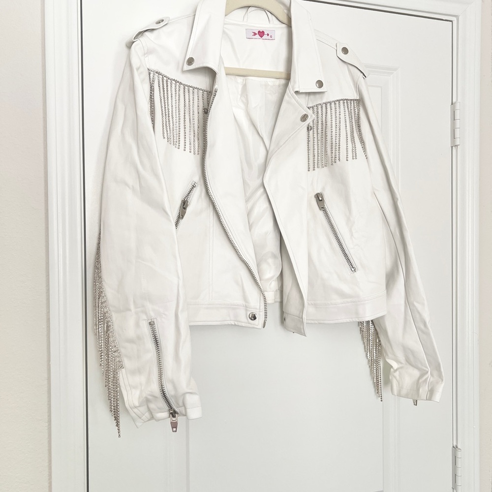 Buddy Love Rife Crystal Fringe
Vegan Leather Jacket in White - Picture 9 of 11
